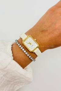 Lamelif Gold Çerçeve Taş Detaylı Beyaz Deri Kayışlı Kol Saati