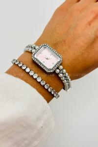 Lamelif Gümüş Pembe Ekartman İnci Detaylı Metal Kordon Kol Saati