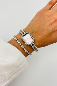 Lamelif Gümüş Pembe Ekartman İnci Detaylı Metal Kordon Kol Saati