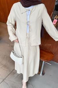 Lamelif Modal Kıraş Gömlek-Etek Takım Krem