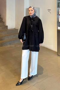 Lamelif Ön Bağlama Detaylı Tunik Siyah