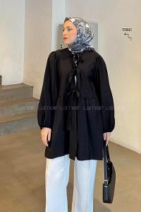Lamelif Ön Bağlama Detaylı Tunik Siyah