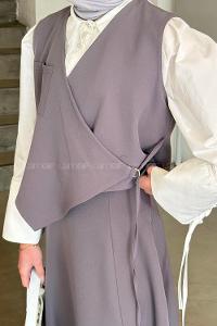 Lamelif Bağlama Detaylı Tesettür Takım Koyu Gri