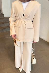 Lamelif Bel Kuşaklı Ceket Pantolon İkili Tesettür Takım Taş Rengi