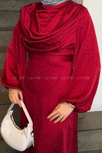 Lamelif Degaje Detaylı Saten Elbise Bordo