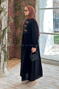 Lamelif Deri Detaylı Tesettür Elbise Siyah