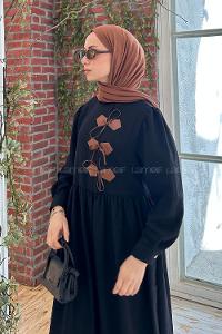 Lamelif Deri Detaylı Tesettür Elbise Siyah