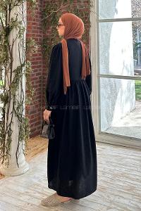 Lamelif Deri Detaylı Tesettür Elbise Siyah
