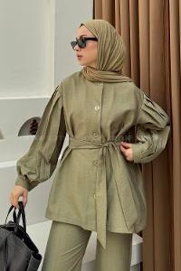 Lamelif Düğmeli Tesettür Takım Yağ Yeşili
