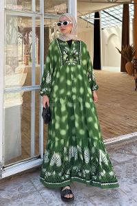 Lamelif Düğmeli Yarasa Kol Etnik Desen Tesettür Elbise Yeşil