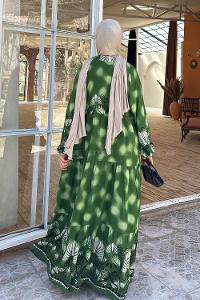 Lamelif Düğmeli Yarasa Kol Etnik Desen Tesettür Elbise Yeşil