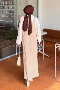 Lamelif Kanguru Cepli Tesettür Elbise Bej