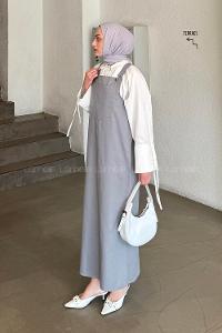 Lamelif Kanguru Cepli Tesettür Elbise Gri