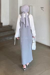 Lamelif Kanguru Cepli Tesettür Elbise Gri