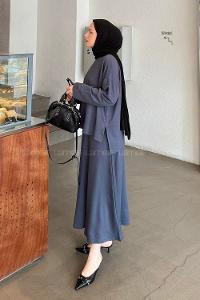 Lamelif Kristal Kloş Etekli Tesettür Takım Antrasit