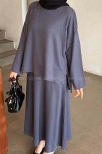 Lamelif Kristal Kloş Etekli Tesettür Takım Antrasit