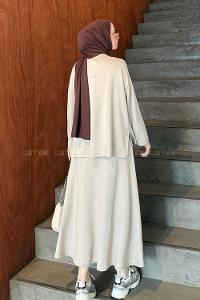 Lamelif Kristal Kloş Etekli Tesettür Takım Bej