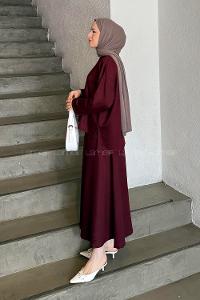 Lamelif Kristal Kloş Etekli Tesettür Takım Bordo