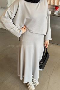 Lamelif Kristal Kloş Etekli Tesettür Takım Gri