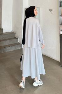 Lamelif Kristal Kloş Etekli Tesettür Takım Gri