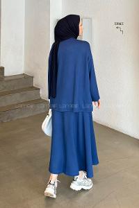 Lamelif Kristal Kloş Etekli Tesettür Takım Lacivert
