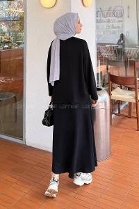 Lamelif Kristal Kloş Etekli Tesettür Takım Siyah