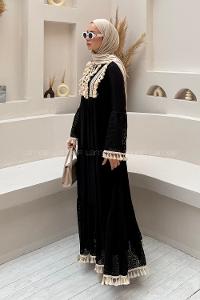 Lamelif Viskon Dantel Detaylı Garnili Elbise Siyah