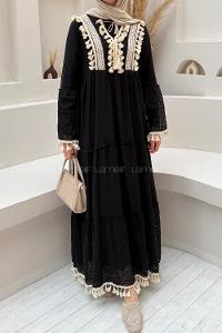 Lamelif Viskon Dantel Detaylı Garnili Elbise Siyah