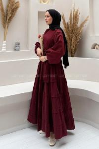 Lamelif Astarlı Kat Kat Tesettür Elbise Bordo
