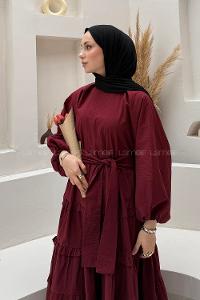 Lamelif Astarlı Kat Kat Tesettür Elbise Bordo