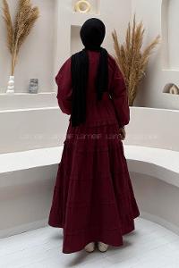Lamelif Astarlı Kat Kat Tesettür Elbise Bordo