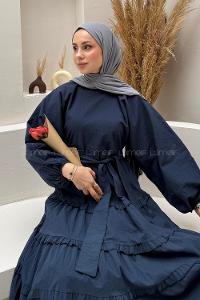 Lamelif Astarlı Kat Kat Tesettür Elbise Lacivert