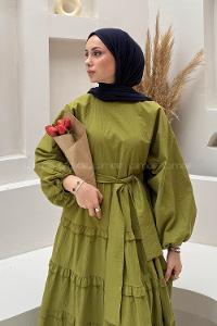 Lamelif Astarlı Kat Kat Tesettür Elbise Yağ Yeşili