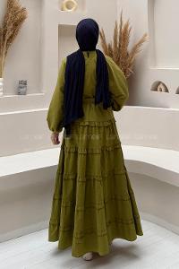 Lamelif Astarlı Kat Kat Tesettür Elbise Yağ Yeşili