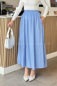 Lamelif Cep Detaylı Keten Etek Gök Mavi