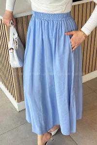 Lamelif Cep Detaylı Keten Etek Gök Mavi