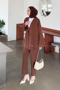 Lamelif İki Bağcıklı Pantolonlu Tesettür Takım Kahve