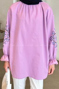 Lilac Mandarin Collar Cotton Printed Tunic