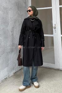 Lamelif Kolu Katlamalı Trenç Siyah