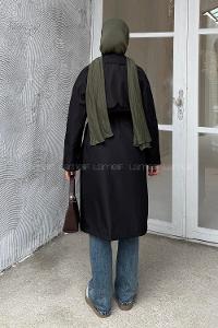 Lamelif Kolu Katlamalı Trenç Siyah