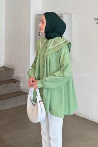 Lamelif Yaka Detaylı Luna Gömlek Yeşil