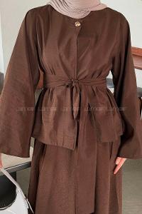 Lamelif Bağcıklı Etek-Bluz İkili Takım Acı Kahve