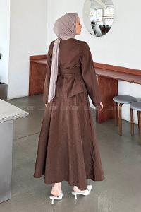 Lamelif Bağcıklı Etek-Bluz İkili Takım Acı Kahve