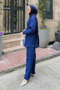 Lamelif Arka Roba Detaylı Pantolonlu İkili Takım Lacivert