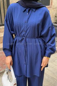 Lamelif Arka Roba Detaylı Pantolonlu İkili Takım Lacivert