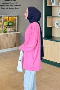 Lamelif Bisiklet Yaka  İki İplik Düz Sweat Şeker Pembesi