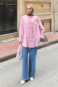 Candy Pink Mandarin Collar Cotton Unprinted Tunic