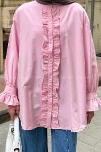 Candy Pink Mandarin Collar Cotton Unprinted Tunic