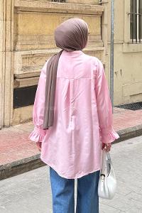 Candy Pink Mandarin Collar Cotton Unprinted Tunic