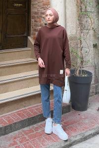 Lamelif İki iplikli Arma Detaylı Sweat Tunik Acı Kahve